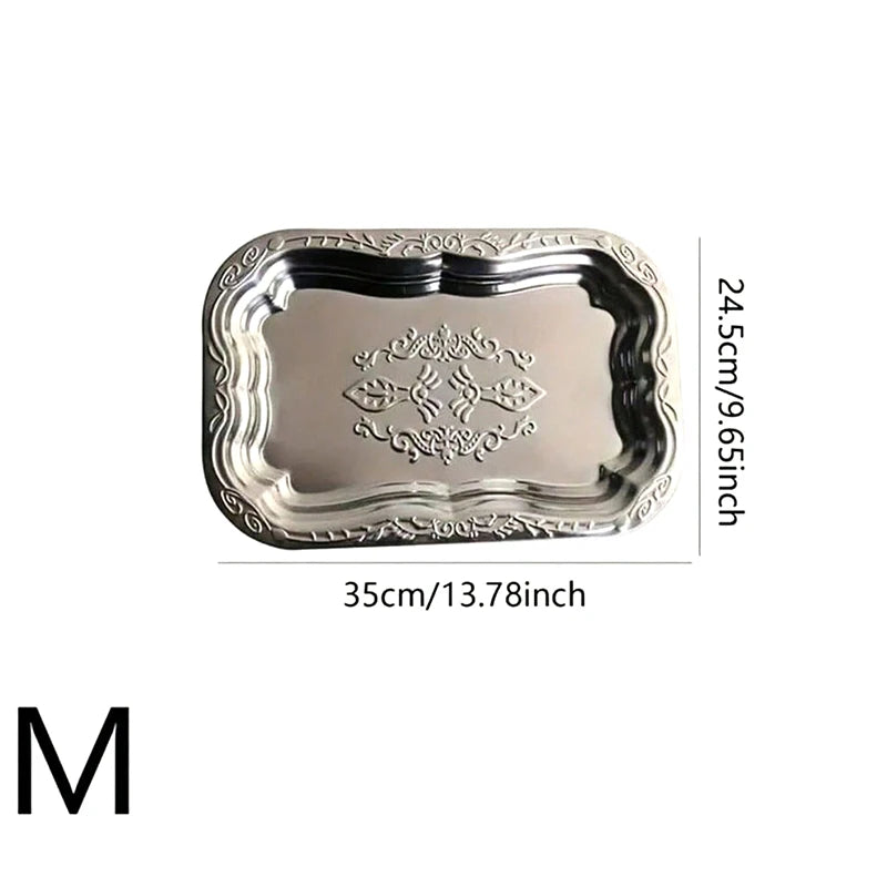 ♥Vintage Engraved Stainless Steel Serving Trays - Decorative Rectangle Platter for Party, Dining & Home Decor