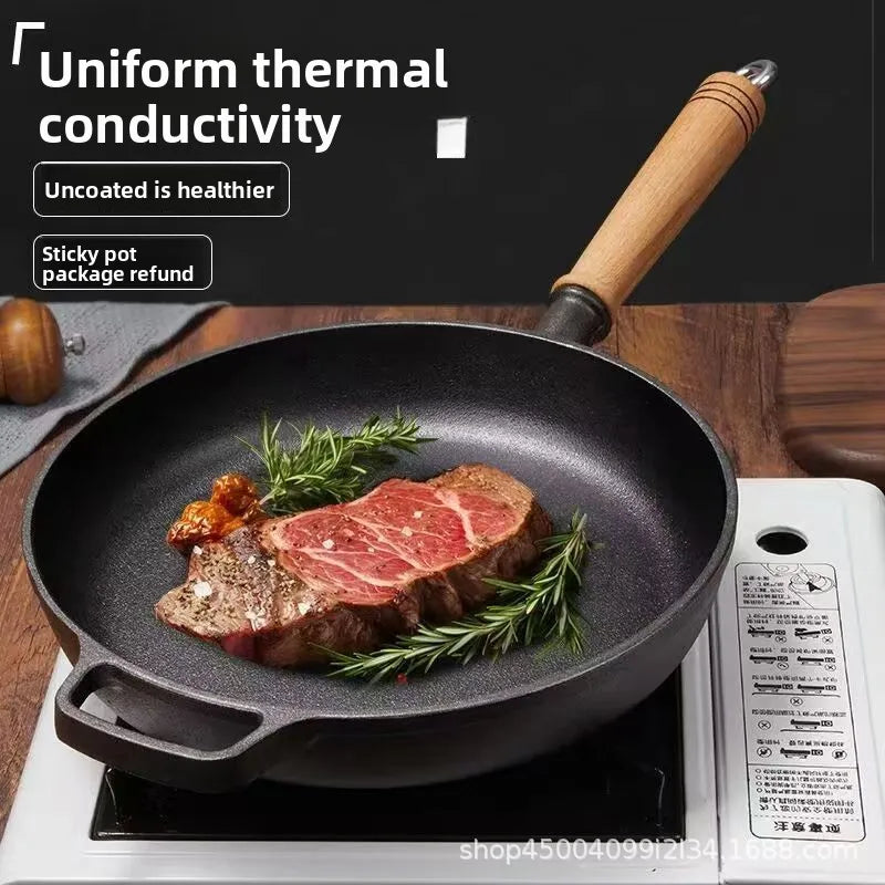 Cast iron flat bottomed pan, non stick pan, uncoated steak frying pan, gas stove, iron pan, old-fashioned pancake pan