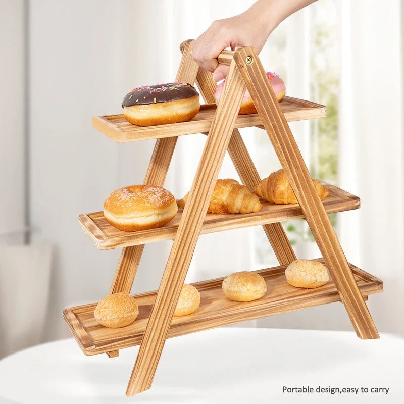 Wooden Three-Layer Serving Trays, Cupcake Stand, Fruit Cake Stand, Dessert Serving Tray, Detachable Rectangle Platter, 3 Tiered